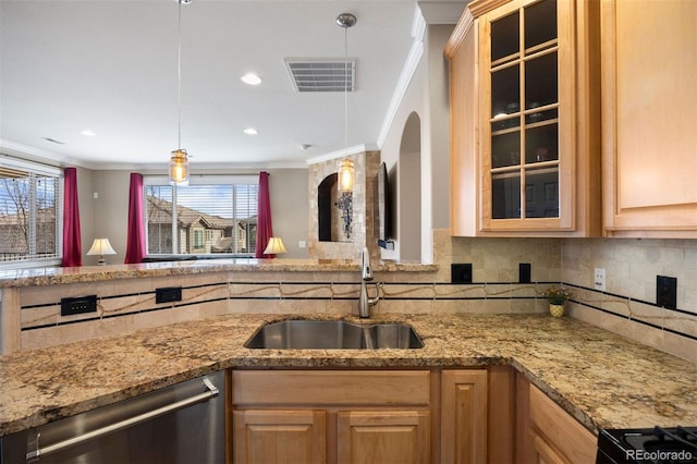 10127 Bluffmont Ln, Lone Tree, CO 80124 - kitchen featuring a sink, dishwasher, crown molding, arched walkways, and light stone countertops
