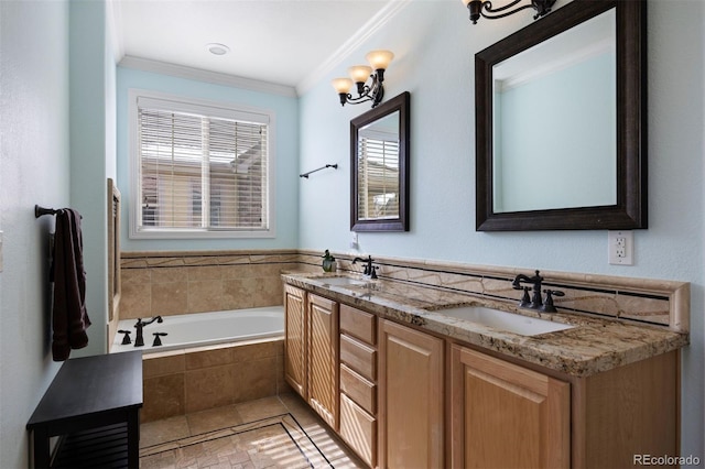 10127 Bluffmont Ln, Lone Tree, CO 80124 - bathroom featuring double vanity, ornamental molding, and a bath