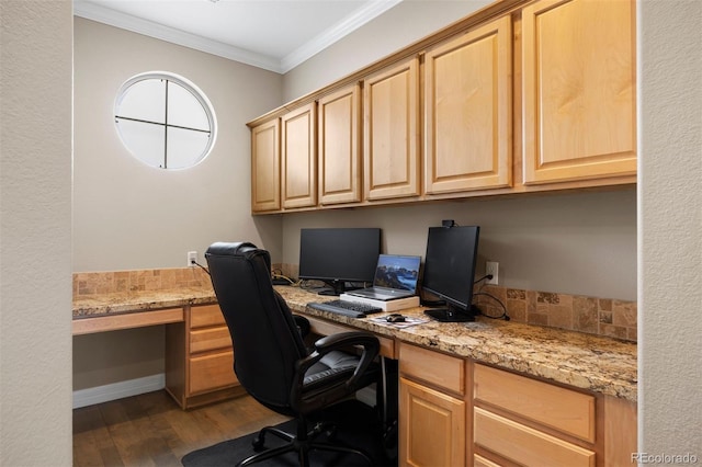 10127 Bluffmont Ln, Lone Tree, CO 80124 - office with built in desk, ornamental molding, and dark wood-style flooring