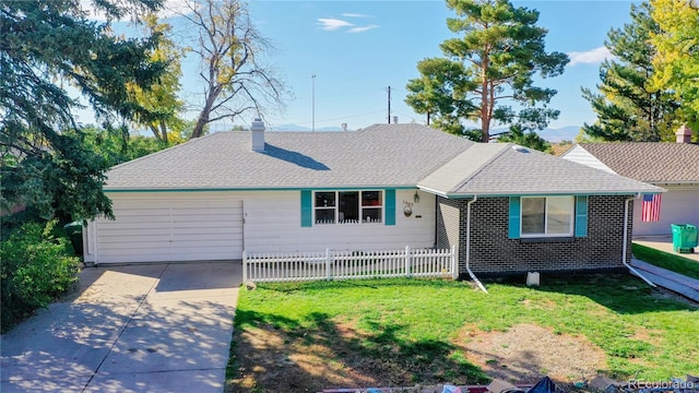 3067 S Holly Pl, Denver, CO 80222 - view of front of house with a garage, driveway, a shingled roof, and a chimney