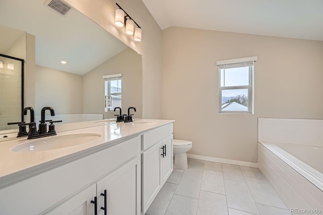 6926 Kendrick Ln, Arvada, CO 80007 - full bathroom with visible vents, a sink, and lofted ceiling