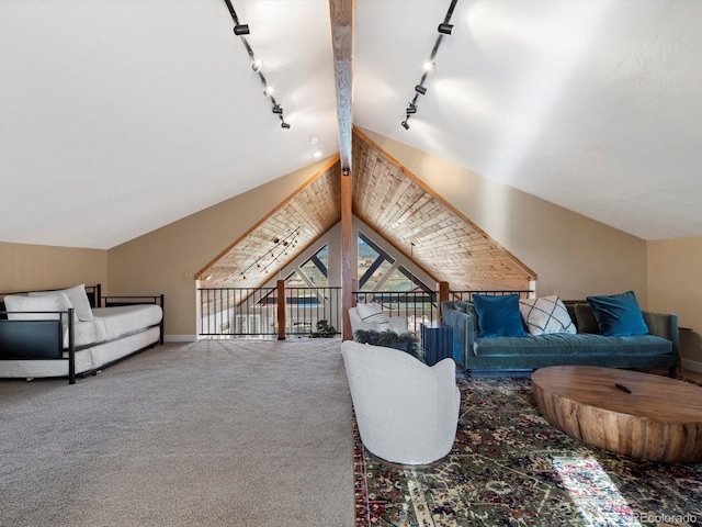 152 Bergamot Dr, Tabernash, CO 80478 - carpeted living area with track lighting, baseboards, and vaulted ceiling