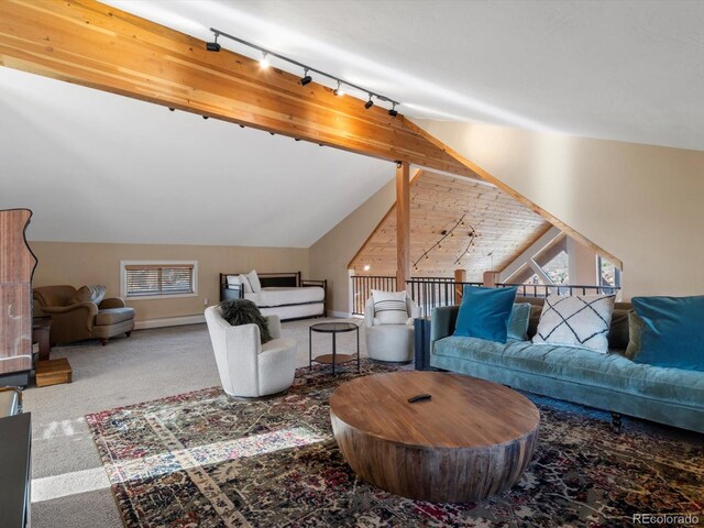 152 Bergamot Dr, Tabernash, CO 80478 - living room featuring rail lighting, carpet floors, and lofted ceiling