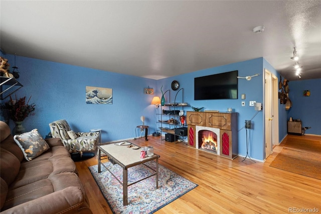 living room with rail lighting, hardwood / wood-style flooring, and a stone fireplace