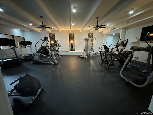 exercise room featuring ceiling fan