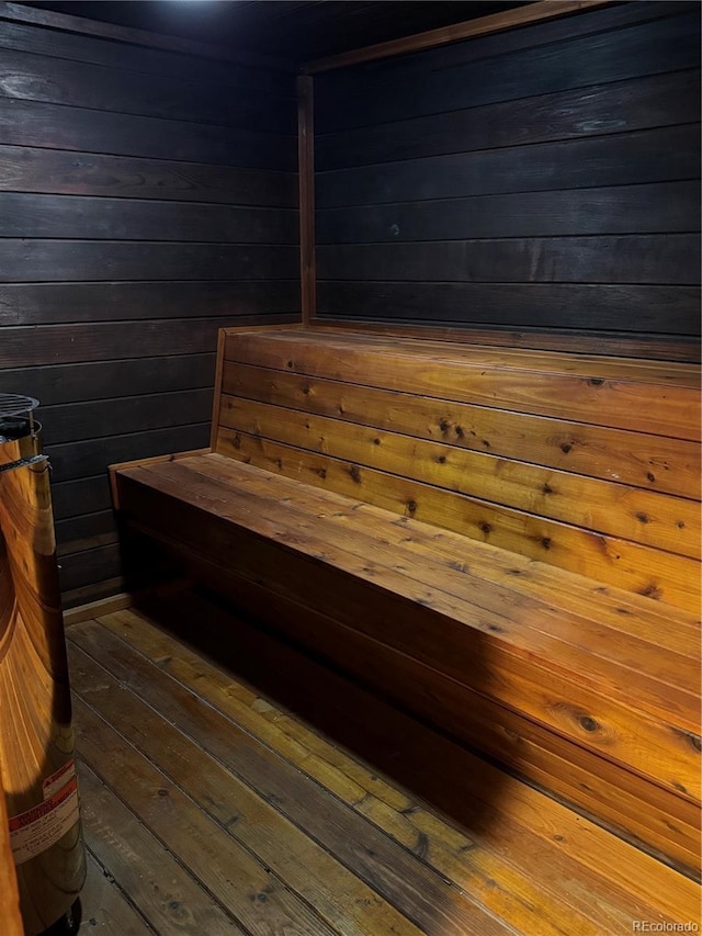 view of sauna featuring hardwood / wood-style floors