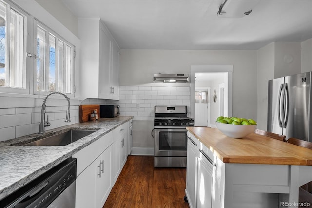 kitchen with sink, dark wood-type flooring, wooden counters, white cabinetry, and stainless steel appliances