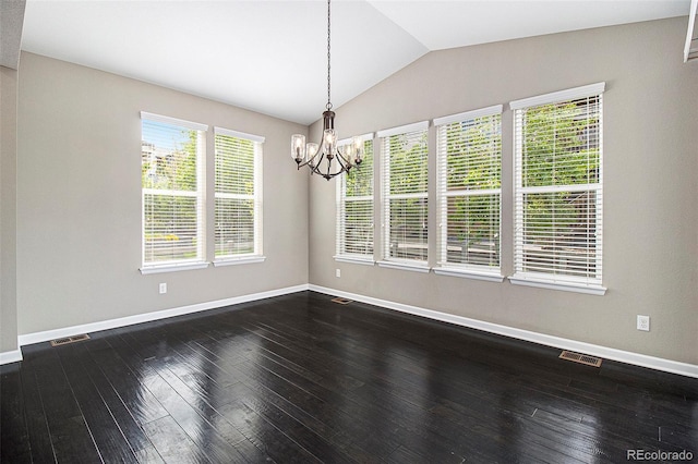3522 Harvard Pl, Broomfield, CO 80023 - unfurnished dining area with visible vents, baseboards, a chandelier, and vaulted ceiling
