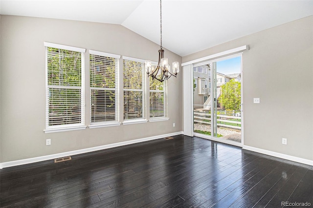3522 Harvard Pl, Broomfield, CO 80023 - unfurnished dining area featuring baseboards, an inviting chandelier, lofted ceiling, and dark wood-type flooring