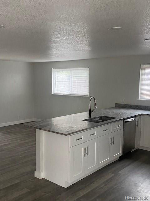 8220 E 104th Way, Henderson, CO 80640 - kitchen with a sink, dishwasher, dark wood-style flooring, a textured ceiling, and healthy amount of natural light