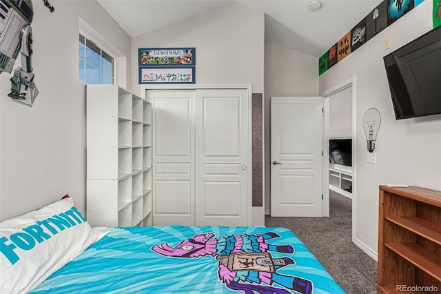 carpeted bedroom with lofted ceiling and a closet