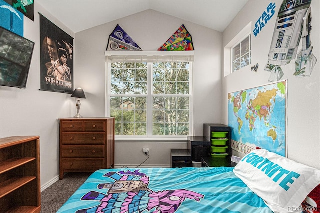 bedroom with vaulted ceiling and dark colored carpet