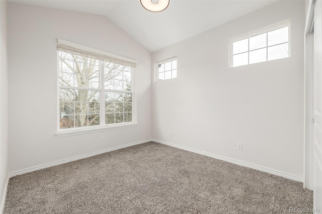 unfurnished room featuring carpet and lofted ceiling