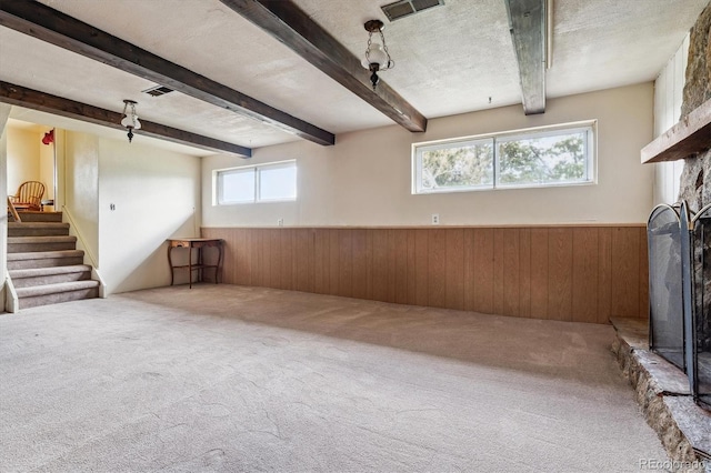 interior space with wood walls, a fireplace, wainscoting, and carpet floors