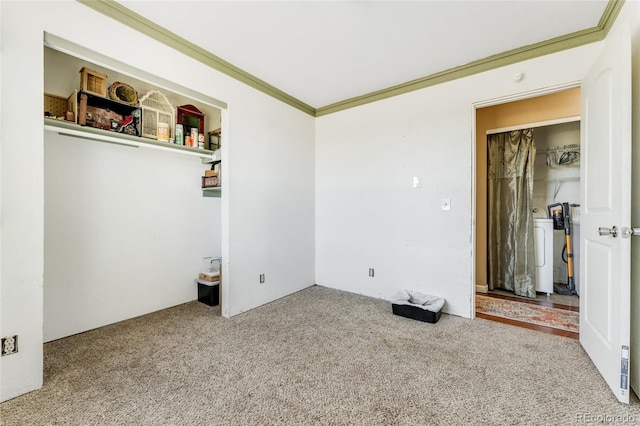 unfurnished bedroom with carpet and crown molding