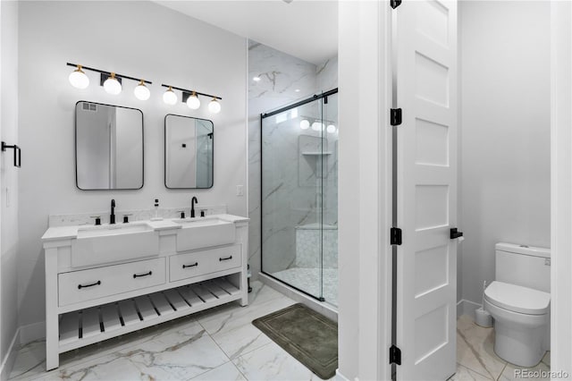 12215 Viewpoint Dr, Lakewood, CO 80401 - full bathroom featuring toilet, marble finish floor, a sink, a marble finish shower, and double vanity