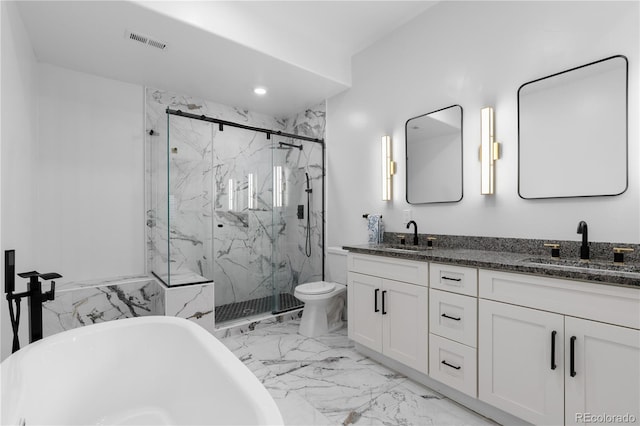 12215 Viewpoint Dr, Lakewood, CO 80401 - bathroom with a marble finish shower, visible vents, marble finish floor, and a sink