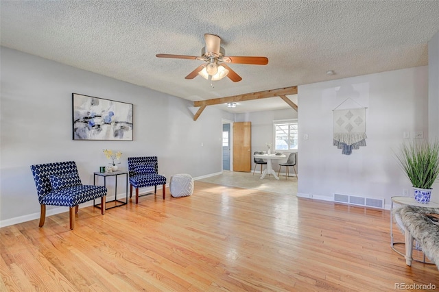 2601 Cooper Ave, Colorado Springs, CO 80907 - living area featuring wood finished floors, a textured ceiling, ceiling fan, and baseboards