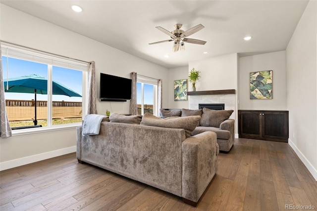 208 Dorothy Dr, Berthoud, CO 80513 - living room featuring wood-type flooring, baseboards, plenty of natural light, and a fireplace