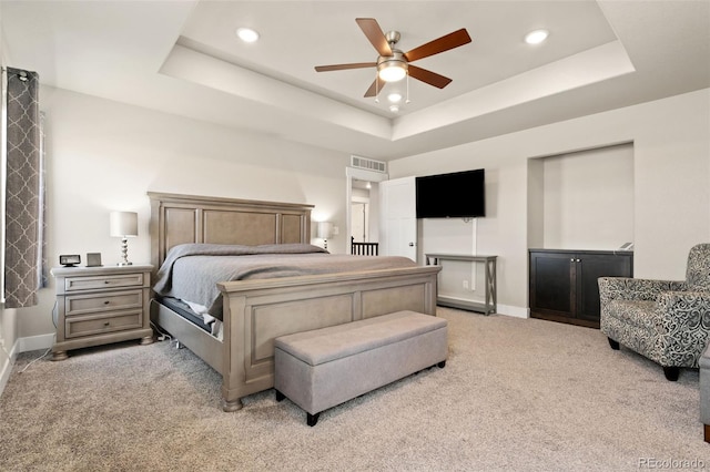 208 Dorothy Dr, Berthoud, CO 80513 - carpeted bedroom with baseboards, recessed lighting, a ceiling fan, visible vents, and a tray ceiling