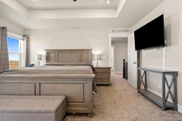 208 Dorothy Dr, Berthoud, CO 80513 - bedroom with a tray ceiling, carpet flooring, baseboards, and visible vents