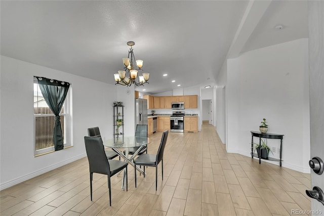 243 Cherokee Ct, Brighton, CO 80603 - dining area featuring a chandelier, light wood-type flooring, baseboards, and recessed lighting