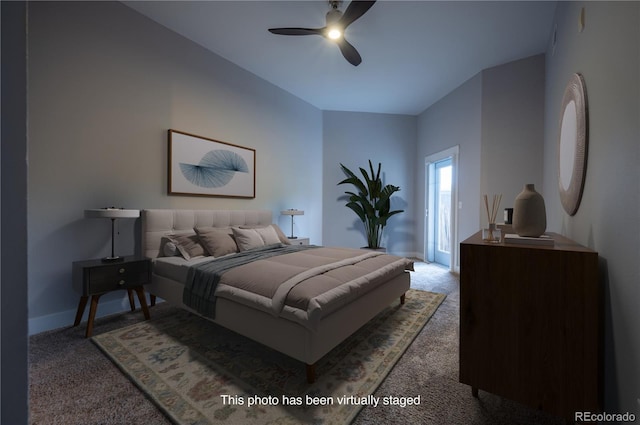 bedroom featuring carpet floors, a ceiling fan, and baseboards