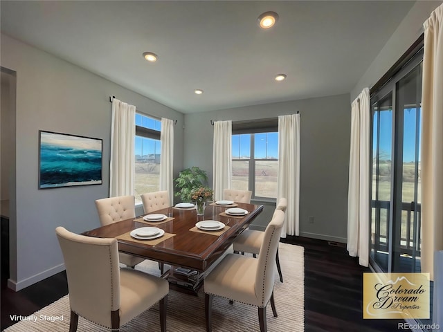 dining room with recessed lighting, dark wood finished floors, and baseboards