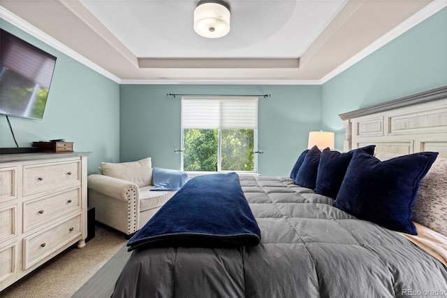 5301 Clovervale Cir, Highlands Ranch, CO 80130 - carpeted bedroom featuring a tray ceiling and crown molding