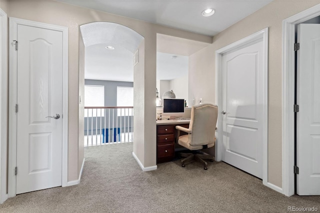 5301 Clovervale Cir, Highlands Ranch, CO 80130 - office area featuring carpet floors, arched walkways, baseboards, and recessed lighting