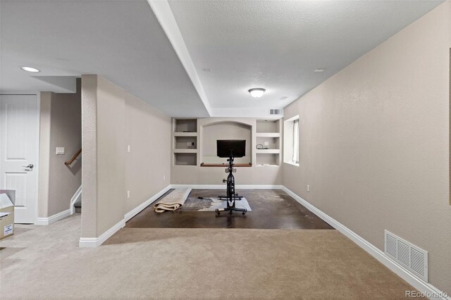 5301 Clovervale Cir, Highlands Ranch, CO 80130 - workout room featuring baseboards, built in shelves, carpet flooring, and a textured ceiling