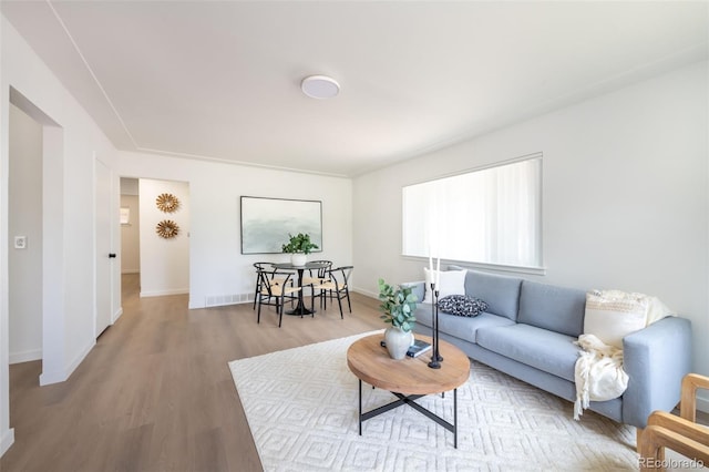 living room with light hardwood / wood-style flooring