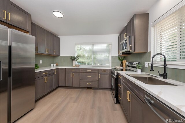 kitchen with stainless steel appliances, sink, light hardwood / wood-style floors, dark brown cabinetry, and decorative backsplash