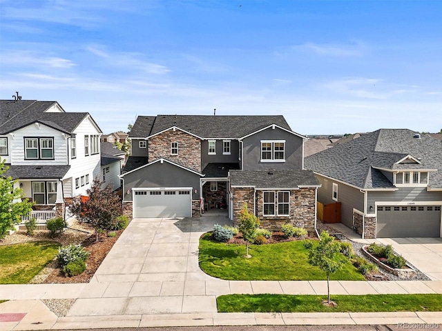 15033 Delhi Ave, Parker, CO 80134 - view of front facade with stone siding, a residential view, concrete driveway, and a front lawn