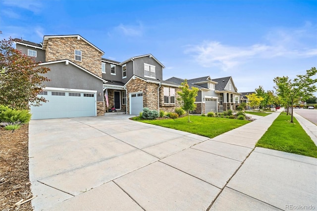 15033 Delhi Ave, Parker, CO 80134 - view of front of property featuring stone siding, stucco siding, a front yard, driveway, and an attached garage