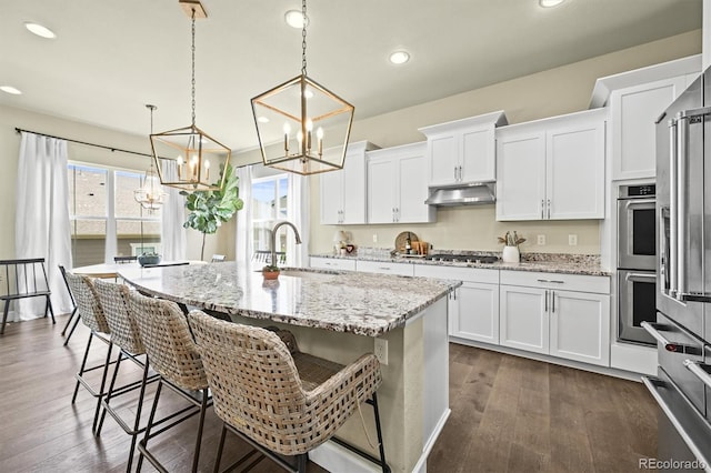 15033 Delhi Ave, Parker, CO 80134 - kitchen featuring a chandelier, under cabinet range hood, stainless steel appliances, white cabinets, and recessed lighting
