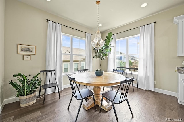 15033 Delhi Ave, Parker, CO 80134 - dining room featuring a chandelier, dark wood-type flooring, baseboards, and recessed lighting