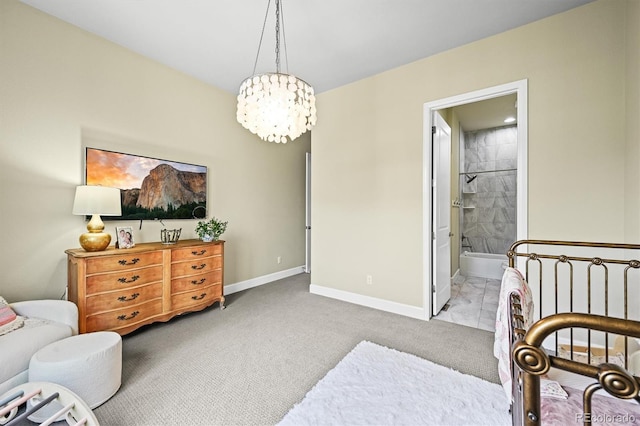 15033 Delhi Ave, Parker, CO 80134 - bedroom featuring baseboards, carpet, a chandelier, and ensuite bath