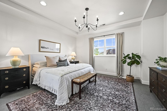 15033 Delhi Ave, Parker, CO 80134 - bedroom featuring carpet floors, a chandelier, a raised ceiling, baseboards, and recessed lighting