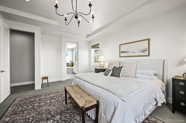 15033 Delhi Ave, Parker, CO 80134 - bedroom featuring carpet flooring, a chandelier, baseboards, a raised ceiling, and ensuite bath