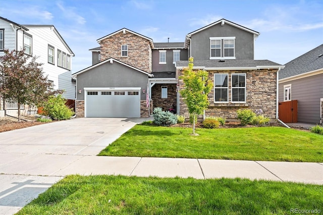 15033 Delhi Ave, Parker, CO 80134 - view of front of property featuring stucco siding, stone siding, a garage, and concrete driveway