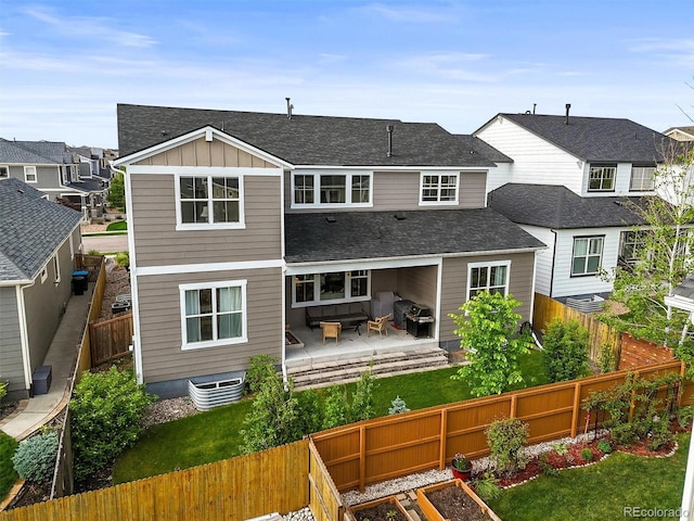 15033 Delhi Ave, Parker, CO 80134 - back of house with board and batten siding, a patio, roof with shingles, a residential view, and outdoor lounge area