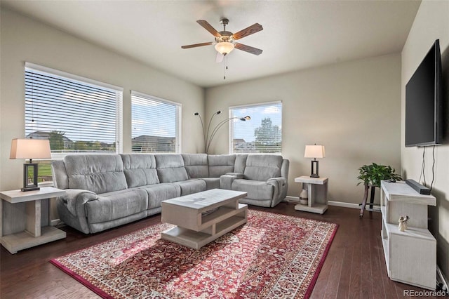 living room featuring ceiling fan and dark hardwood / wood-style floors