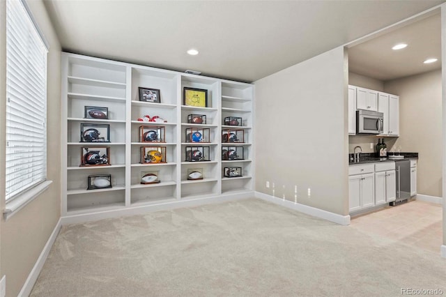 interior space with light colored carpet and sink