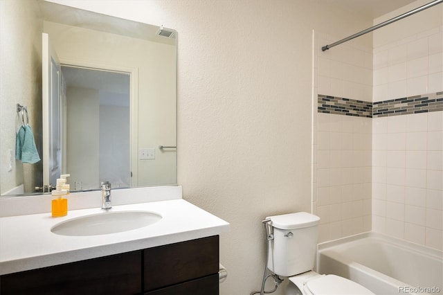 full bath featuring washtub / shower combination, visible vents, vanity, and toilet