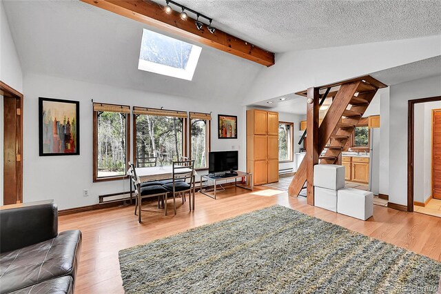 101 Campbell Rd, Bailey, CO 80421 - living room featuring a skylight, light wood-style floors, healthy amount of natural light, and a textured ceiling