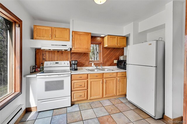 101 Campbell Rd, Bailey, CO 80421 - kitchen featuring white appliances, baseboard heating, a sink, extractor fan, and light countertops