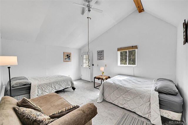 101 Campbell Rd, Bailey, CO 80421 - bedroom with carpet flooring, beamed ceiling, a ceiling fan, and high vaulted ceiling