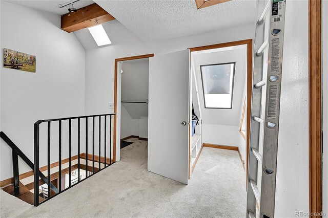 101 Campbell Rd, Bailey, CO 80421 - hallway with an upstairs landing, a skylight, carpet floors, and baseboards