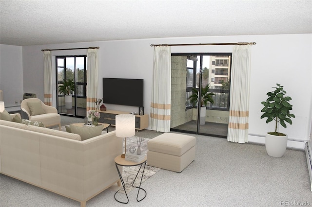 living room with a textured ceiling and baseboard heating